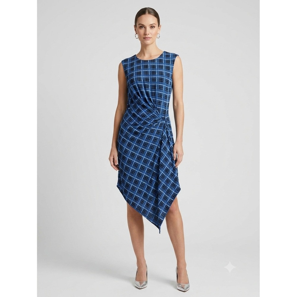 Eva Franco Dress Womens 4 Blue Plaid Twist Front Handkerchief Hem new